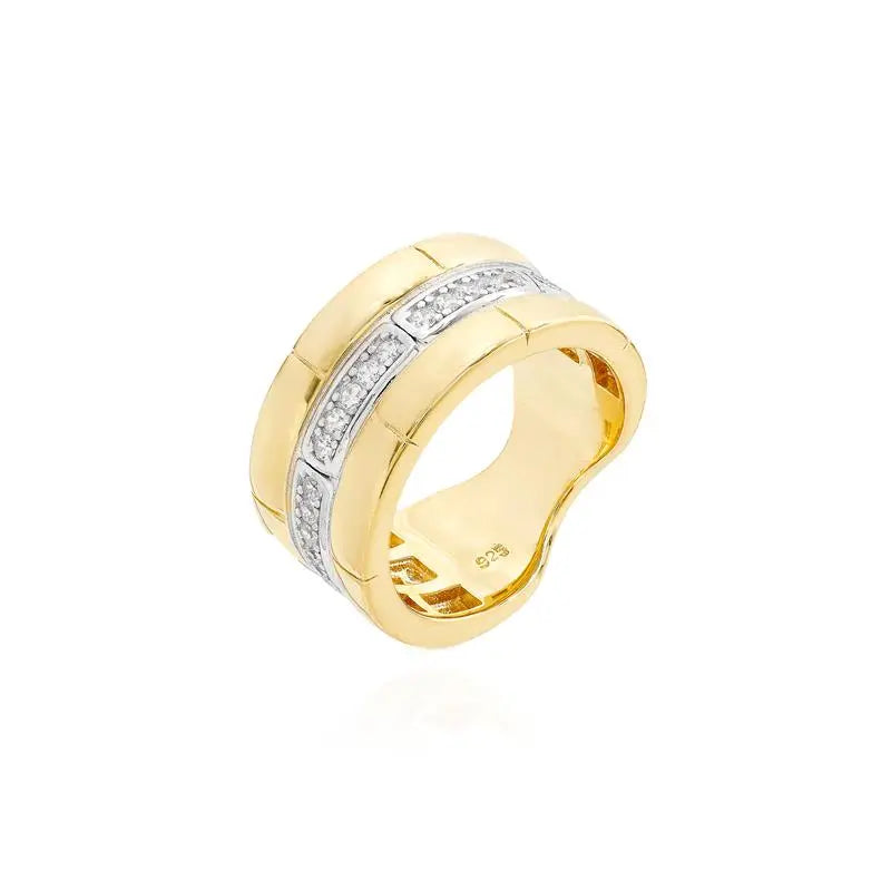 RING THREE ROWS OF RECTANGLES WITH FIVE RECTANGLES, CENTRAL SET IN 1 MM GOLD AND RHODIUM/WITHOUT STONE/WHITE ZIRCONIA