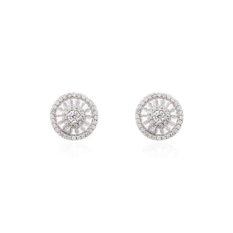 ROUND BAGUETTE PIZZA EARRING WITH 3 MM CENTRAL LIGHT POINT STUDDED AROUND RHODIUM/WITHOUT STONE/WHITE ZIRCONIA
