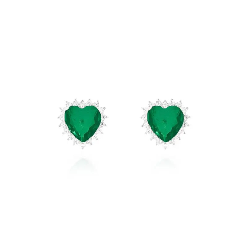 HEART EARRING 10 MM PRINCESS SETTING AROUND RHODIUM/EMERALD FUSION/WHITE ZIRCONIA