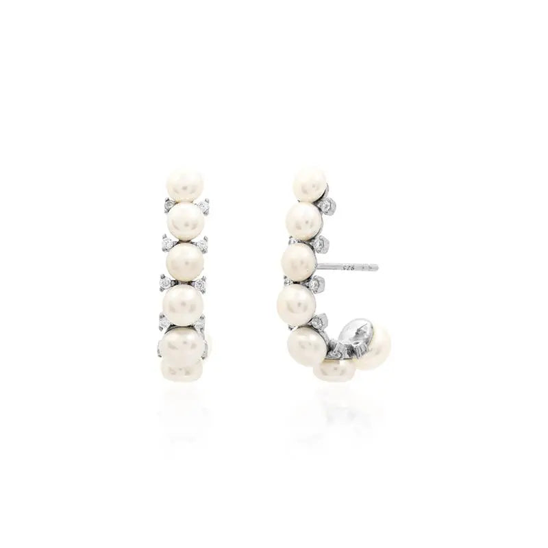 EARHOOK WITH ROW OF PEARLS AND ZIRCONIAS ON THE SIDE RHODIUM/WHITE PEARL/SMOOTH