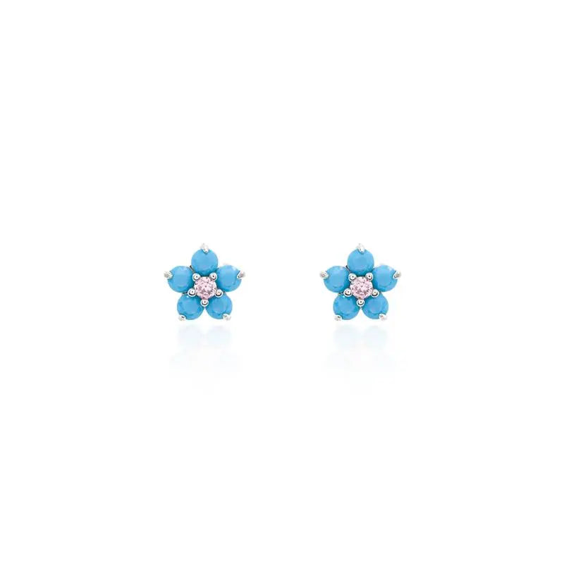 FIVE PETAL EARRINGS POINT OF LIGHT IN THE MIDDLE RHODIUM/TURQUOISE/KUNZITE