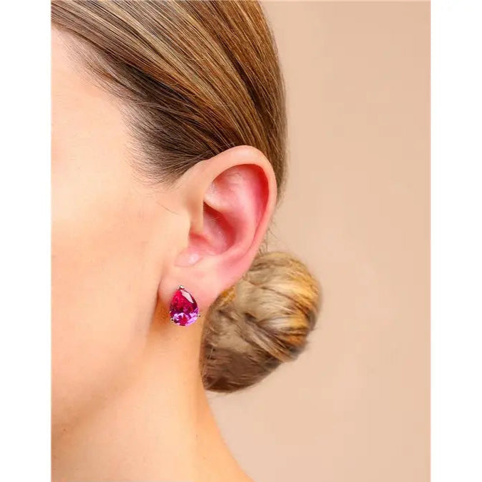 10 MM SMOOTH THREE CLAWS DROP EARRING RHODIUM/PINK SAPPHIRE/SMOOTH