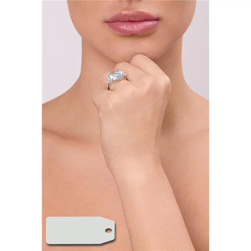 RING WITH SQUARE STONE WITH ROUNDED CORNERS AND TRIANGLES ON THE SIDE RHODIUM/AQUAMARINE+CRYSTAL/SMOOTH
