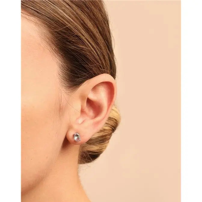 5 MM OVAL EARRING, SMOOTH, RHODIUM/AQUAMARINE/SMOOTH