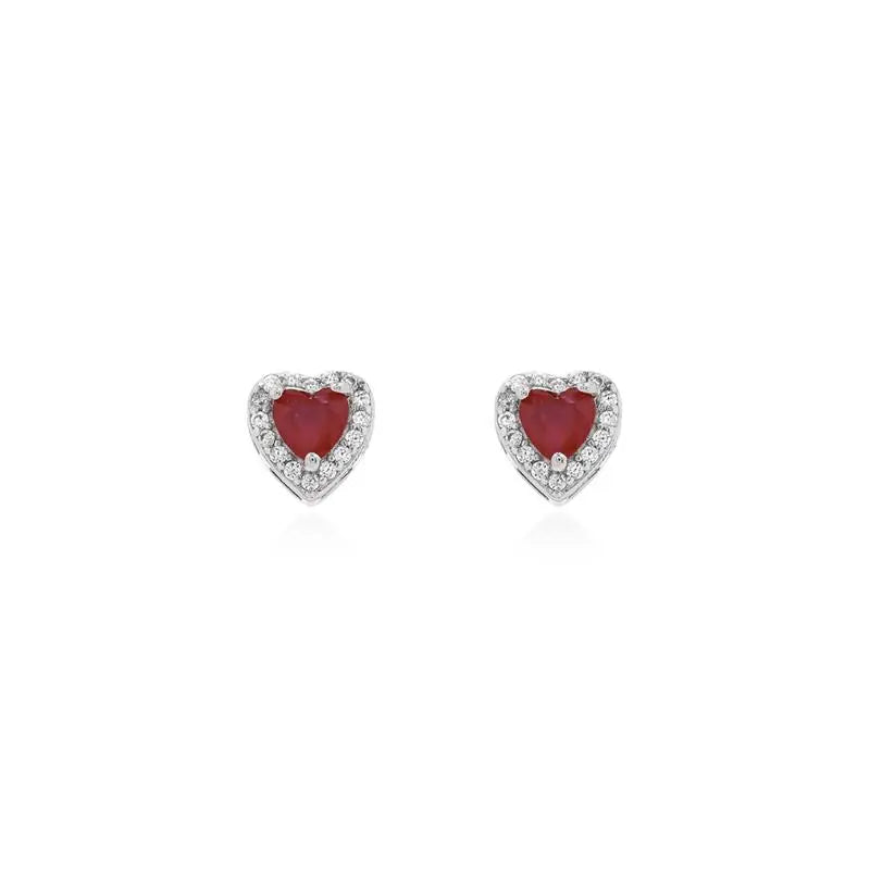 4 MM HEART EARRING WITH RHODIUM/RUBY/WHITE ZIRCONIA SETTING AROUND