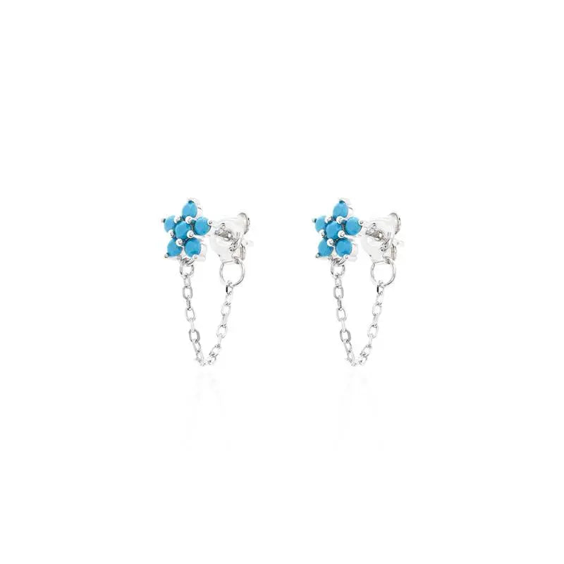 FIVE PETAL FLOWER EARRINGS, ROUND ZIRCONIA, WITH DANGLING CHAIN, RHODIUM/WITHOUT STONE/TURQUOISE