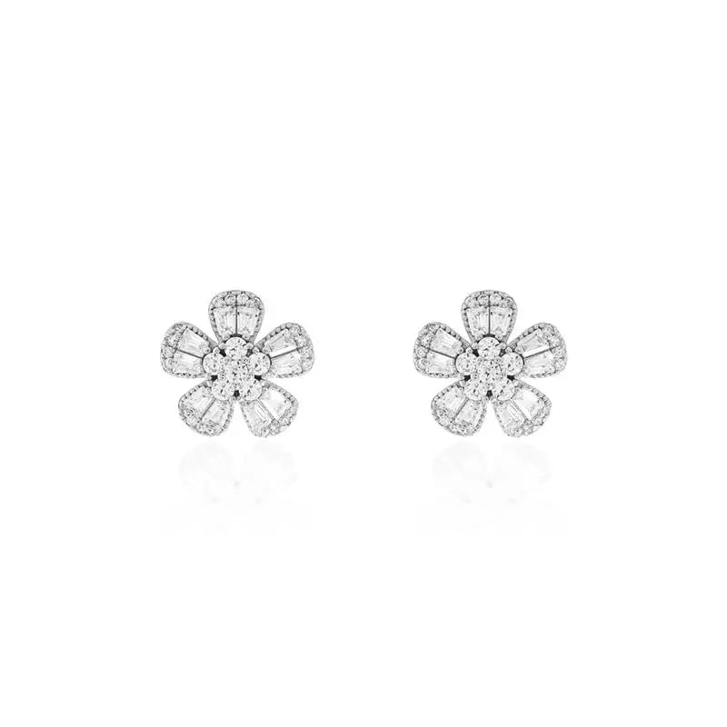 FLOWER EARRING WITH FIVE BAGUETTE PETALS, ROUND SETTING, RHODIUM/WITHOUT STONE/WHITE ZIRCONIA