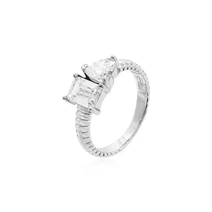Anello Frisato con Cuore 6 mm e Rettangolo 5 mm in Rodio - Cristallo e Zirconia Bianca