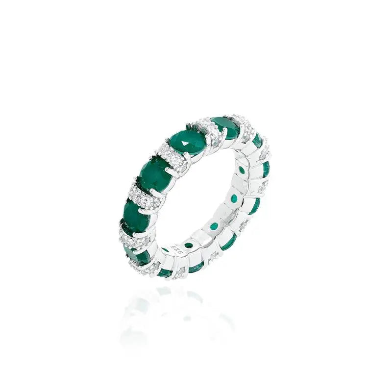FULL WEDDING RING WITH 5 MM POINTS OF LIGHT INTERCALATING A ROW STUDDED WITH RHODIUM/FUSION EMERALD/WHITE ZIRCONIA
