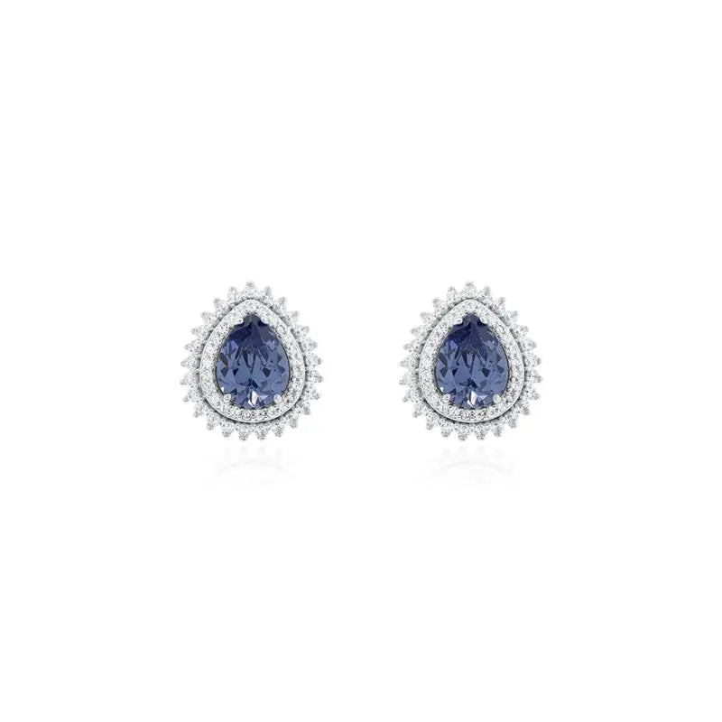 7MM DROP EARRING, ONE ROW, STUDDED AND PRINCESS SETTING AROUND, RHODIUM/TANZANITE/WHITE ZIRCONIA