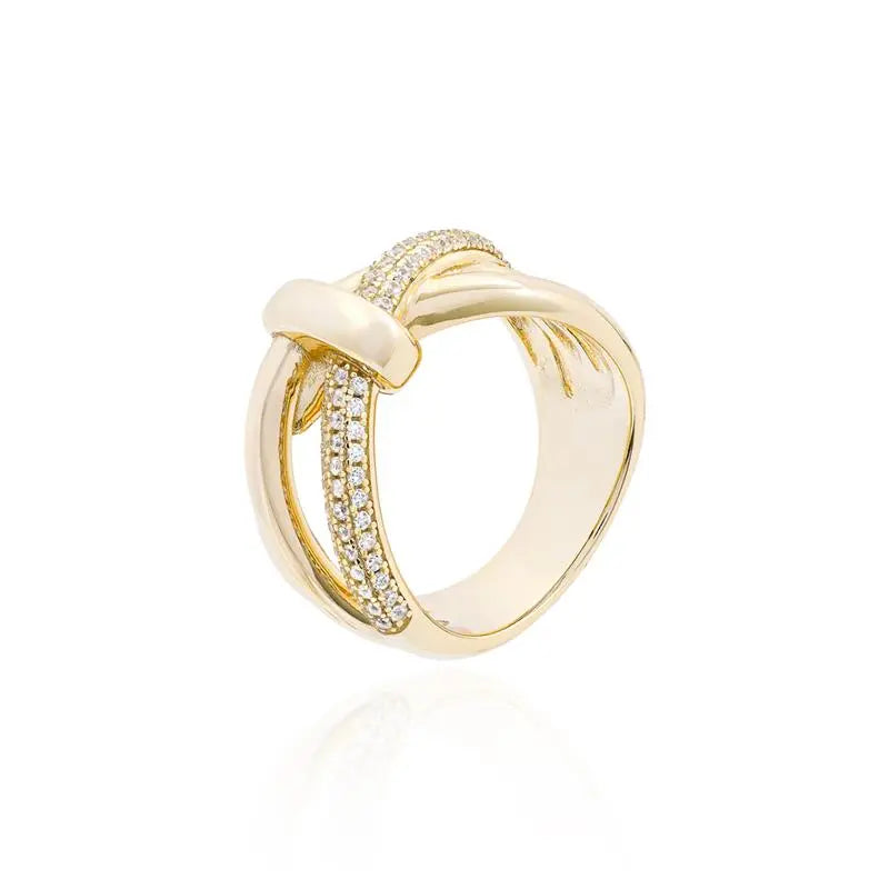THREE ROWS CROSSED RING WITH ONE STUDDED ROW AND TWO PLAIN ROWS AND ONE PLAIN CROSSED ROW GOLD/WITHOUT STONE/WHITE ZIRCONIA