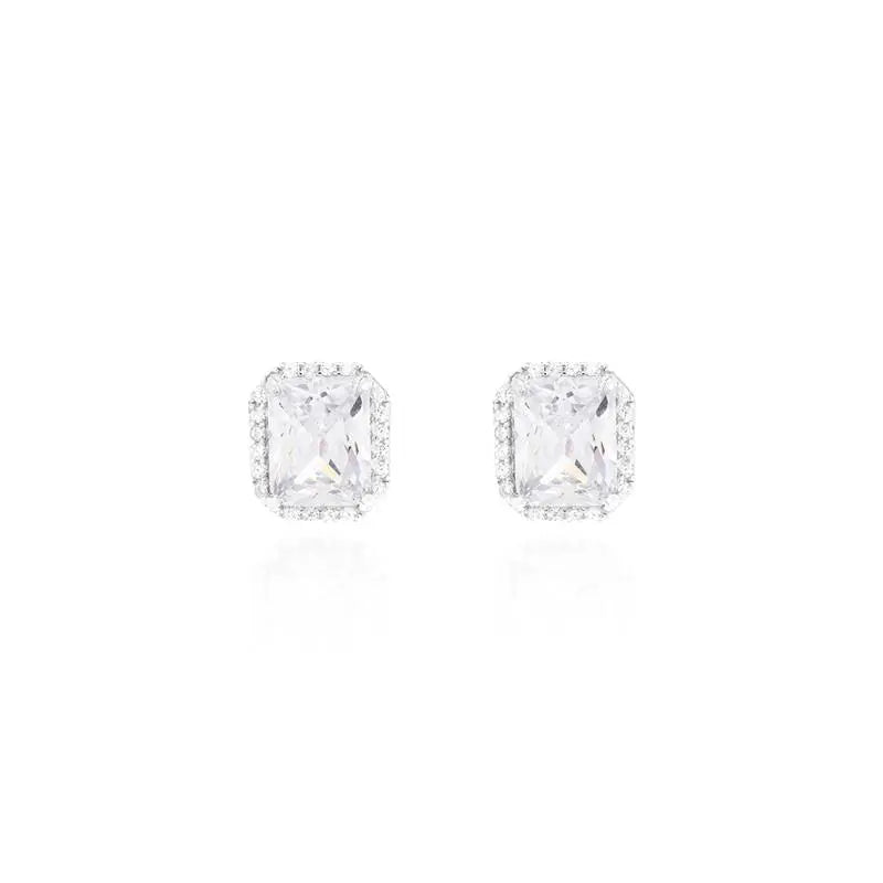 8 MM RECTANGULAR EARRING WITH ROUND SETTING IN RHODIUM/CRYSTAL/WHITE ZIRCONIA