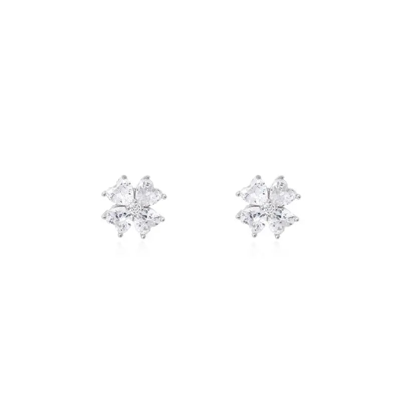 FLOWER EARRING FOUR PETALS HEART SHAPED 3 MM CORE POINTS OF LIGHT RHODIUM/CRYSTAL/WHITE ZIRCONIA