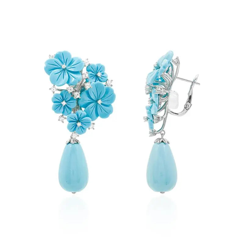 FLOWER AND LIGHT POINT CLUSTER EARRING WITH DROP UNDERNEATH RHODIUM/TURQUOISE/WHITE ZIRCONIA