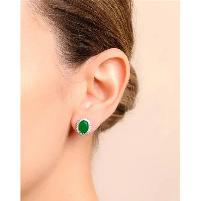 7 MM OVAL EARRING WITH PRINCESS SETTING IN RHODIUM/EMERALD FUSION/WHITE ZIRCONIA