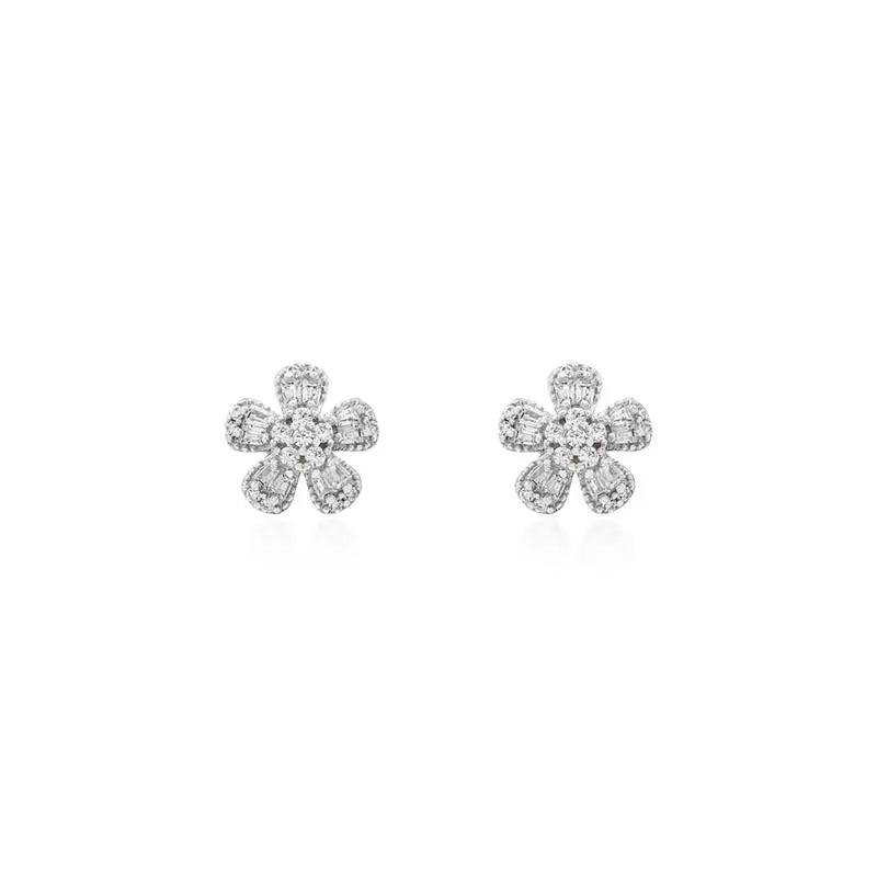 FLOWER EARRING WITH FIVE BAGUETTE PETALS, ROUND SETTING IN RHODIUM/WITHOUT STONE/WHITE ZIRCONIA
