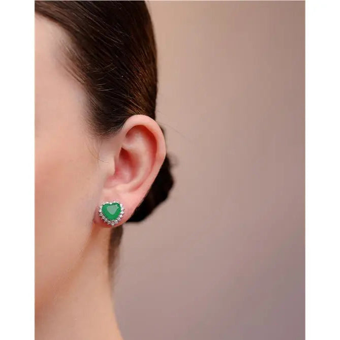 HEART EARRING 10 MM PRINCESS SETTING AROUND RHODIUM/EMERALD FUSION/WHITE ZIRCONIA