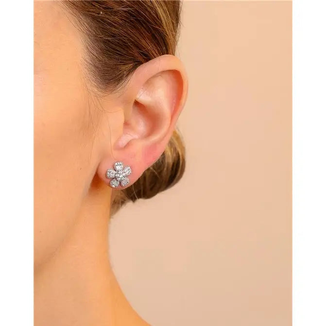 FLOWER EARRING WITH FIVE BAGUETTE PETALS, ROUND SETTING, RHODIUM/WITHOUT STONE/WHITE ZIRCONIA