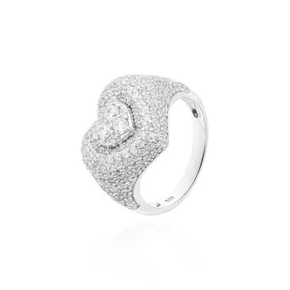 Anello a Forma di Cuore con Cuore in Rilievo Cravejato in Rodio - Zirconia Bianca