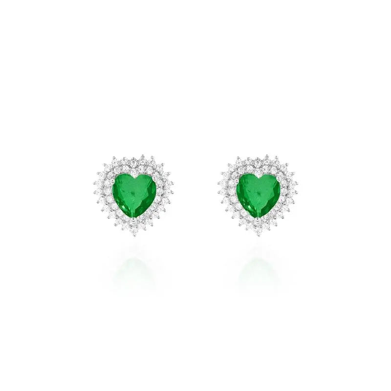 HEART EARRING 07 MM TWO ROWS PRINCESS SETTING RHODIUM/EMERALD FUSION/WHITE ZIRCONIA