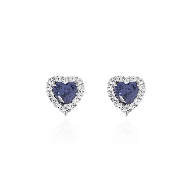 HEART EARRING WITH ROUND SETTING IN RHODIUM/TANZANITE/WHITE ZIRCONIA