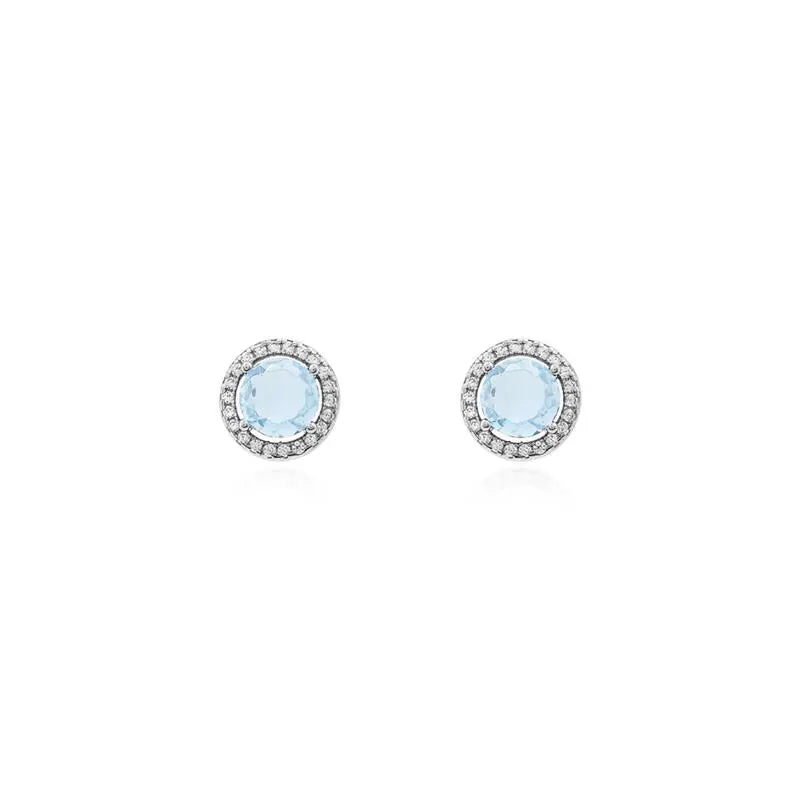 ROUND EARRING 6 MM, SPACED SETTING AROUND RHODIUM/AQUAMARINE/WHITE ZIRCONIA