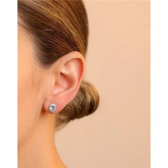 04 MM OVAL EARRING WITH PRINCESS SETTING AROUND RHODIUM/AQUAMARINE/WHITE ZIRCONIA