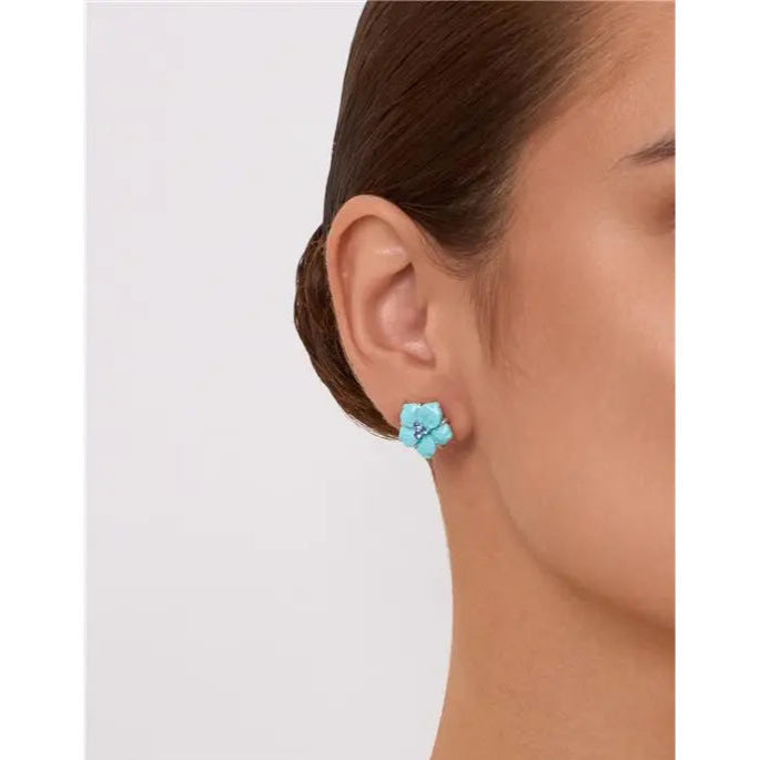 FIVE PETAL FLOWER EARRING DESIGNED WITH THREE CENTRAL POINTS OF LIGHT IN RHODIUM/TURQUOISE/TANZANITE