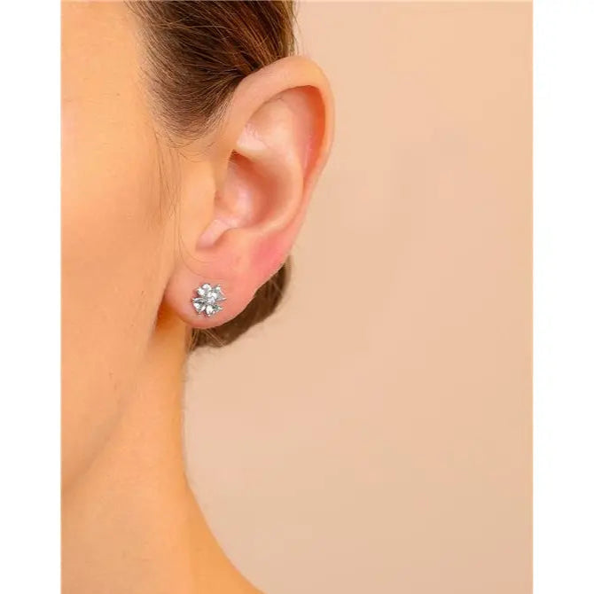 FLOWER EARRING FOUR PETALS HEART SHAPED 3 MM CORE POINTS OF LIGHT RHODIUM/AQUAMARINE/WHITE ZIRCONIA