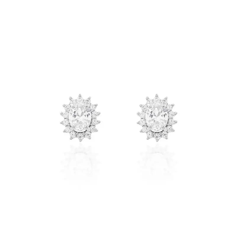 08 MM OVAL EARRING WITH PRINCESS SETTING AROUND RHODIUM/CRYSTAL/WHITE ZIRCONIA