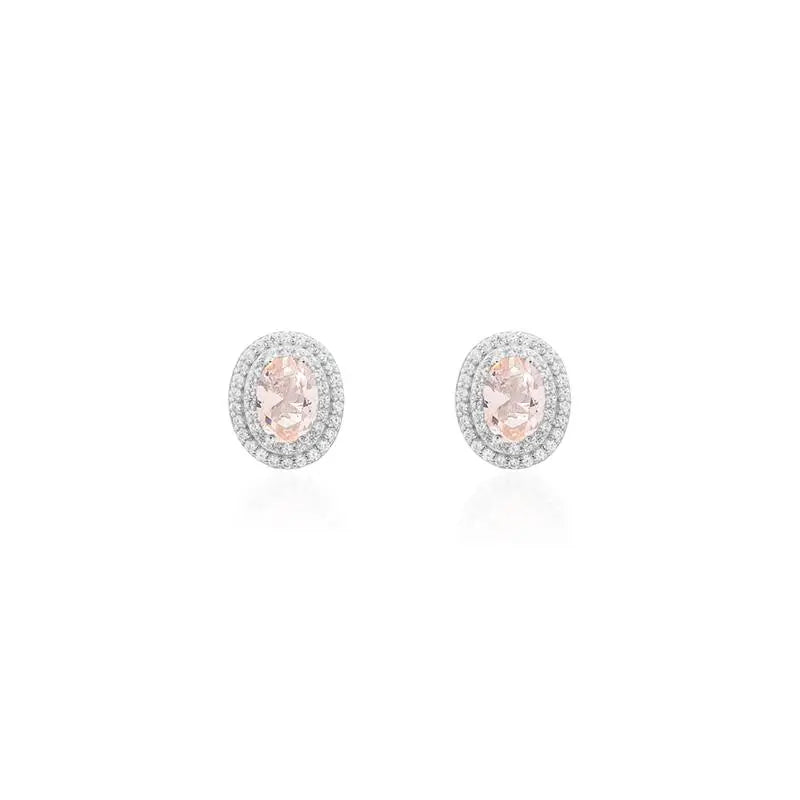 5 MM OVAL EARRING, TWO ROWS, STUDDED AROUND, RHODIUM/MORGANITE/WHITE ZIRCONIA