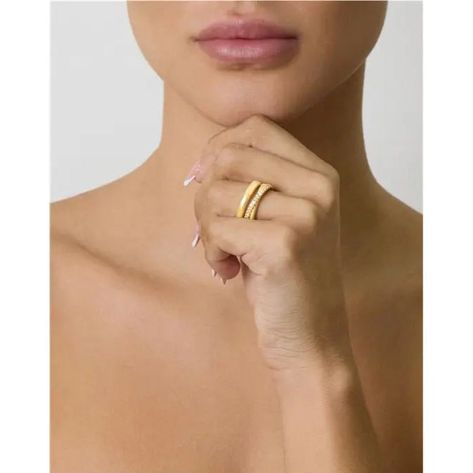 RING WITH THREE BEADED ROWS AND TWO CROSSED BEADED AND HALF SET 1 MM GOLD AND RHODIUM/WITHOUT STONE/WHITE ZIRCONIA