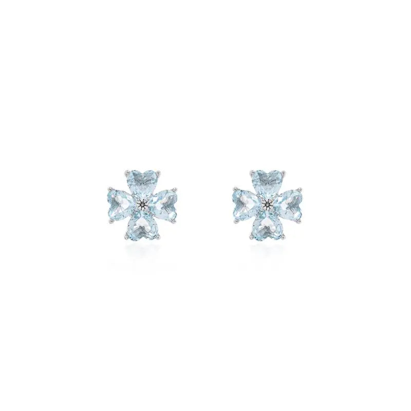 FLOWER EARRING FOUR PETALS HEART SHAPED 5 MM CORE POINT OF LIGHT RHODIUM/AQUAMARINE/WHITE ZIRCONIA