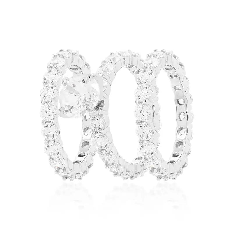 TRIO WITH DOUBLE STUDDED WEDDING RING AND 8 MM SOLITAIRE RHODIUM/CRYSTAL/WHITE ZIRCONIA