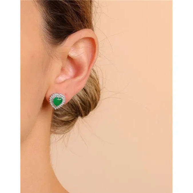 HEART EARRING 07 MM TWO ROWS PRINCESS SETTING RHODIUM/EMERALD FUSION/WHITE ZIRCONIA