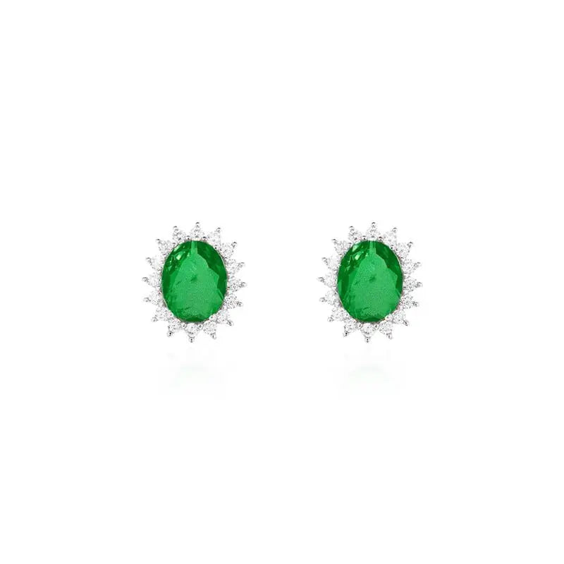 08 MM OVAL EARRING WITH PRINCESS SETTING AROUND RHODIUM/EMERALD FUSION/WHITE ZIRCONIA