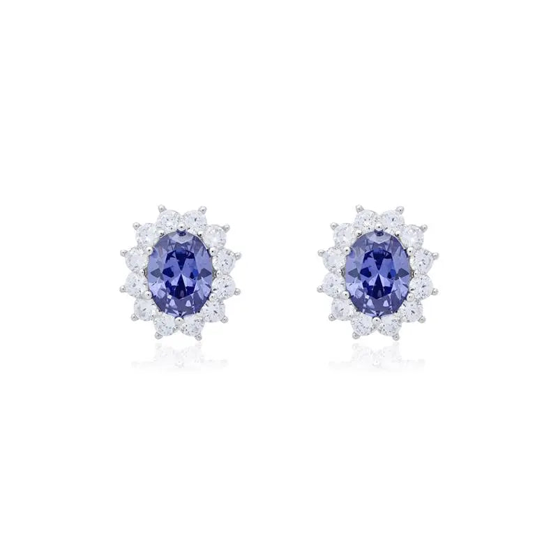 6MM OVAL STONE EARRING SIX CLAWS PRINCESS SETTING AROUND 2.5 MM RHODIUM/TANZANITE/WHITE ZIRCONIA