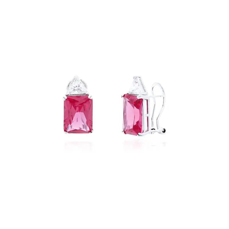 EARRING BASE TRIANGLE 8 MM WITH RECTANGLE 8 MM BELOW RHODIUM/CRYSTAL+PINK/SMOOTH