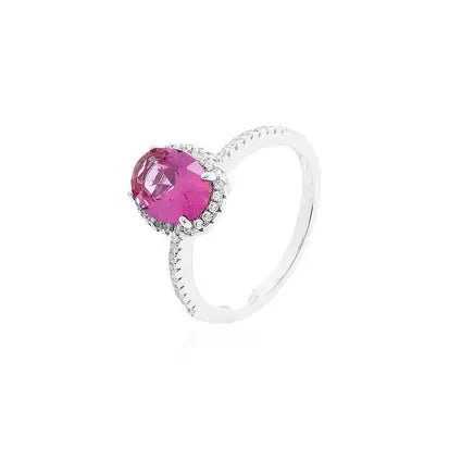 Anello Mezza Cravação con Pietra Ovale 7 mm in Rodio - Saffira Rosa e Zirconia Bianca