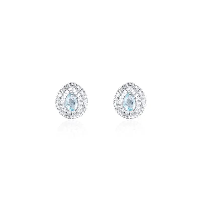 4MM BAGUETTE DROP EARRING WITH ROUND SETTING IN RHODIUM/AQUAMARINE/WHITE ZIRCONIA