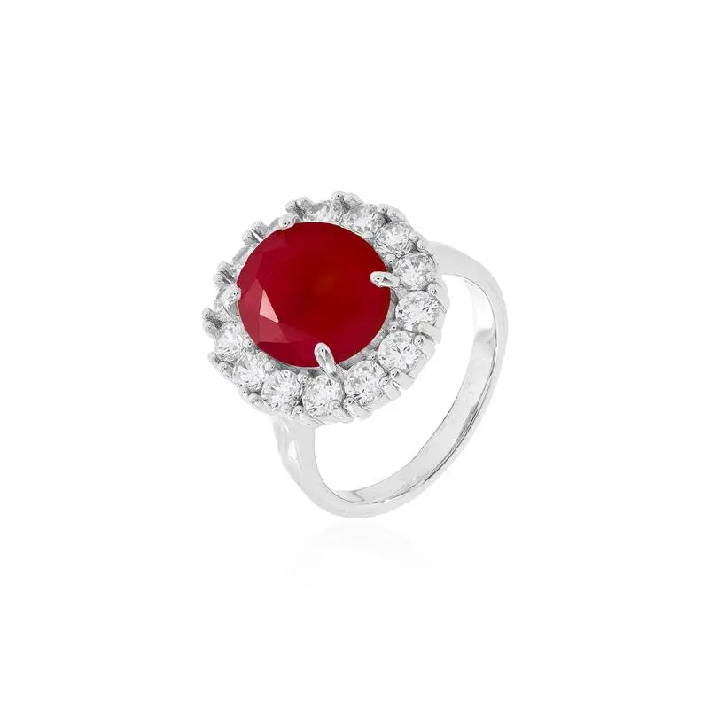 10 MM OVAL RING WITH ROUND SETTING, POINTS OF LIGHT, FOUR CLAWS, RHODIUM/RUBY/WHITE ZIRCONIA