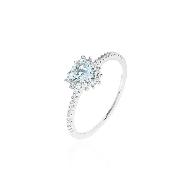 HALF HEART SETTING WEDDING RING 5 MM PRINCESS SETTING AROUND RHODIUM/AQUAMARINE/WHITE ZIRCONIA