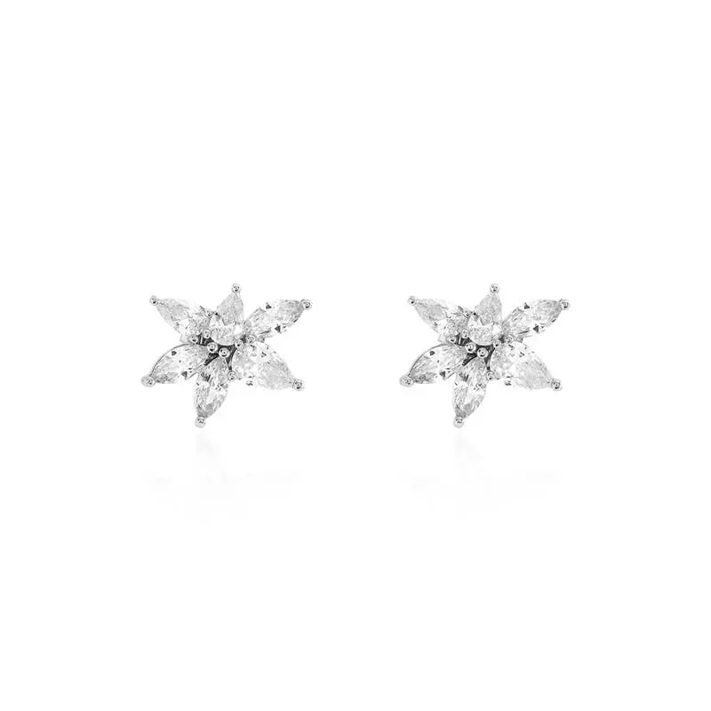 UNEQUAL FLOWER STYLE EARRING WITH SHUTTLES AND DROPS RHODIUM/CRYSTAL/SMOOTH