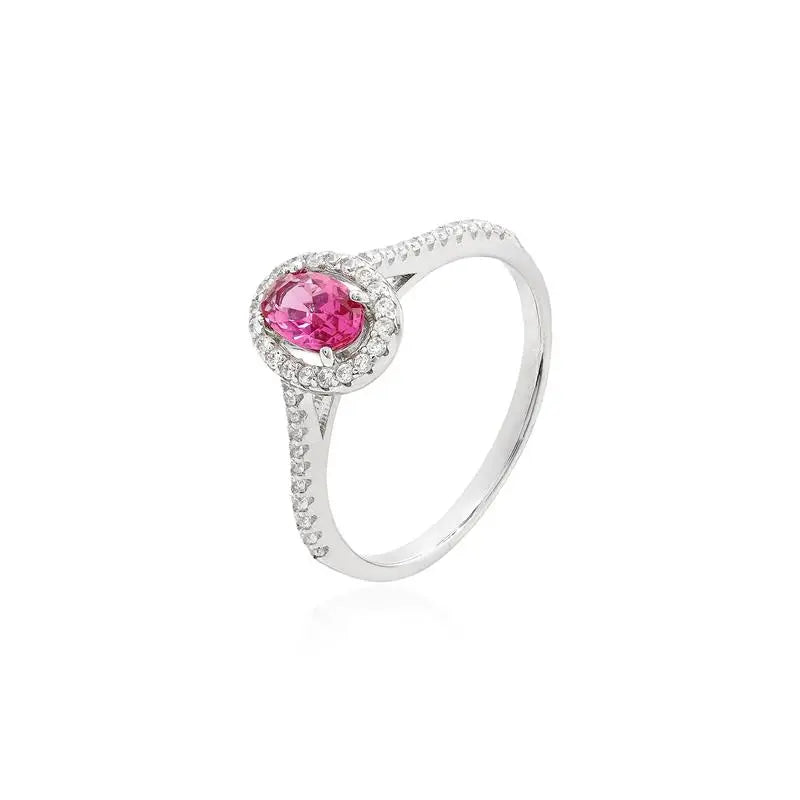 Anello con Mezza Incisione e Pietra Ovale 4 mm in Rodio - Saffira Rosa e Zirconia Bianca