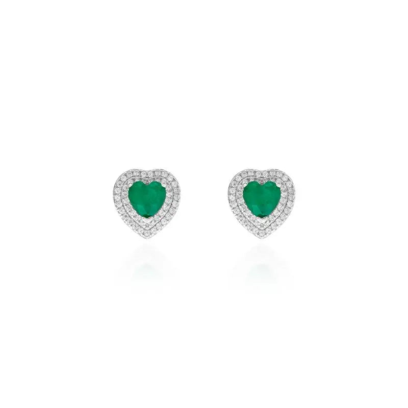HEART EARRING 6 MM TWO ROWS STUDDED AROUND RHODIUM/EMERALD FUSION/WHITE ZIRCONIA