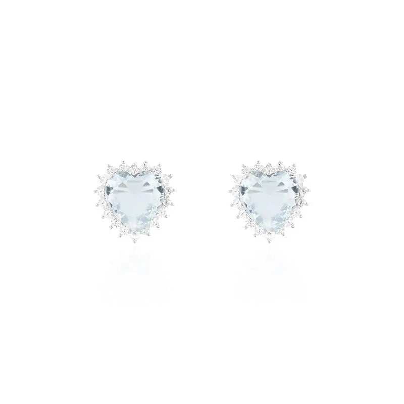 HEART EARRING 10 MM PRINCESS SETTING AROUND RHODIUM/AQUAMARINE/WHITE ZIRCONIA