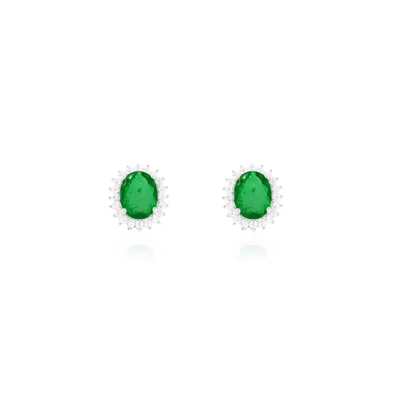 7 MM OVAL EARRING WITH PRINCESS SETTING IN RHODIUM/EMERALD FUSION/WHITE ZIRCONIA