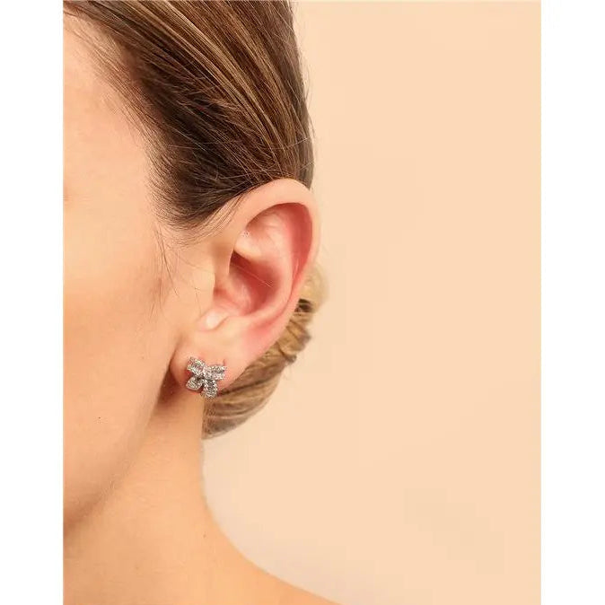 BAGUETTE BOW EARRING WITH POINT OF LIGHT IN THE MIDDLE, ROUND SETTING IN RHODIUM/WITHOUT STONE/WHITE ZIRCONIA