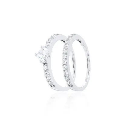 Set di Anelli con Mezza Fede Cravejada e Solitario in Rodio - Cristallo e Zirconia Bianca