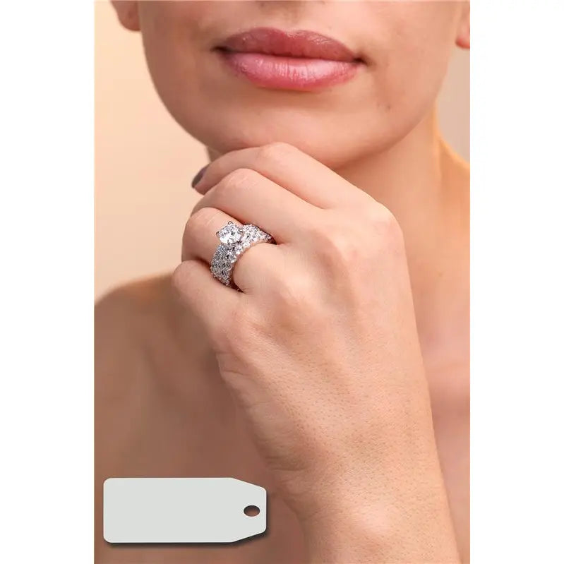 TRIO WITH DOUBLE STUDDED WEDDING RING AND 8 MM SOLITAIRE RHODIUM/CRYSTAL/WHITE ZIRCONIA